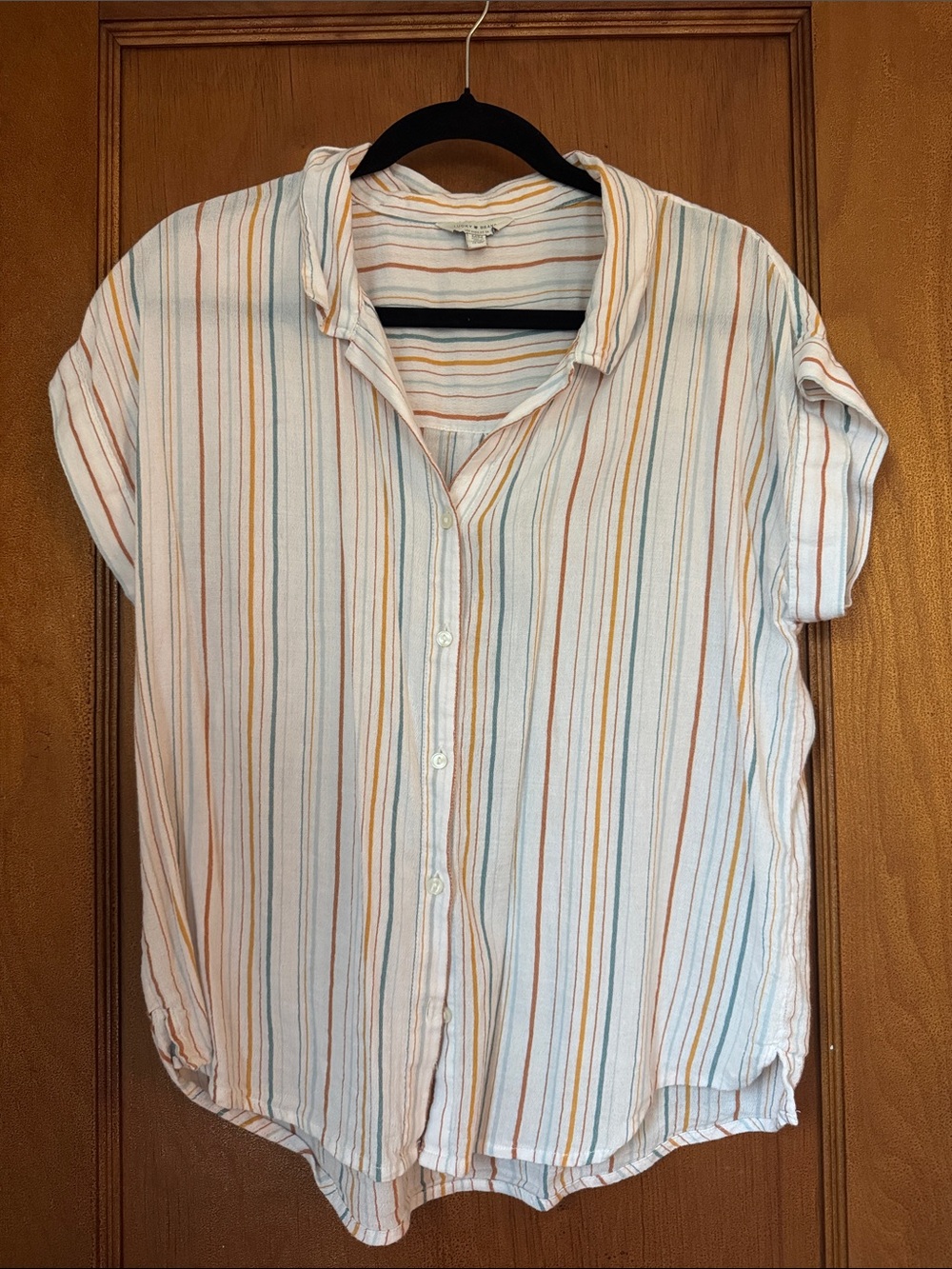 Lucky Brand White Button-Down Shirt with Blue, Orange and Tan Stripes